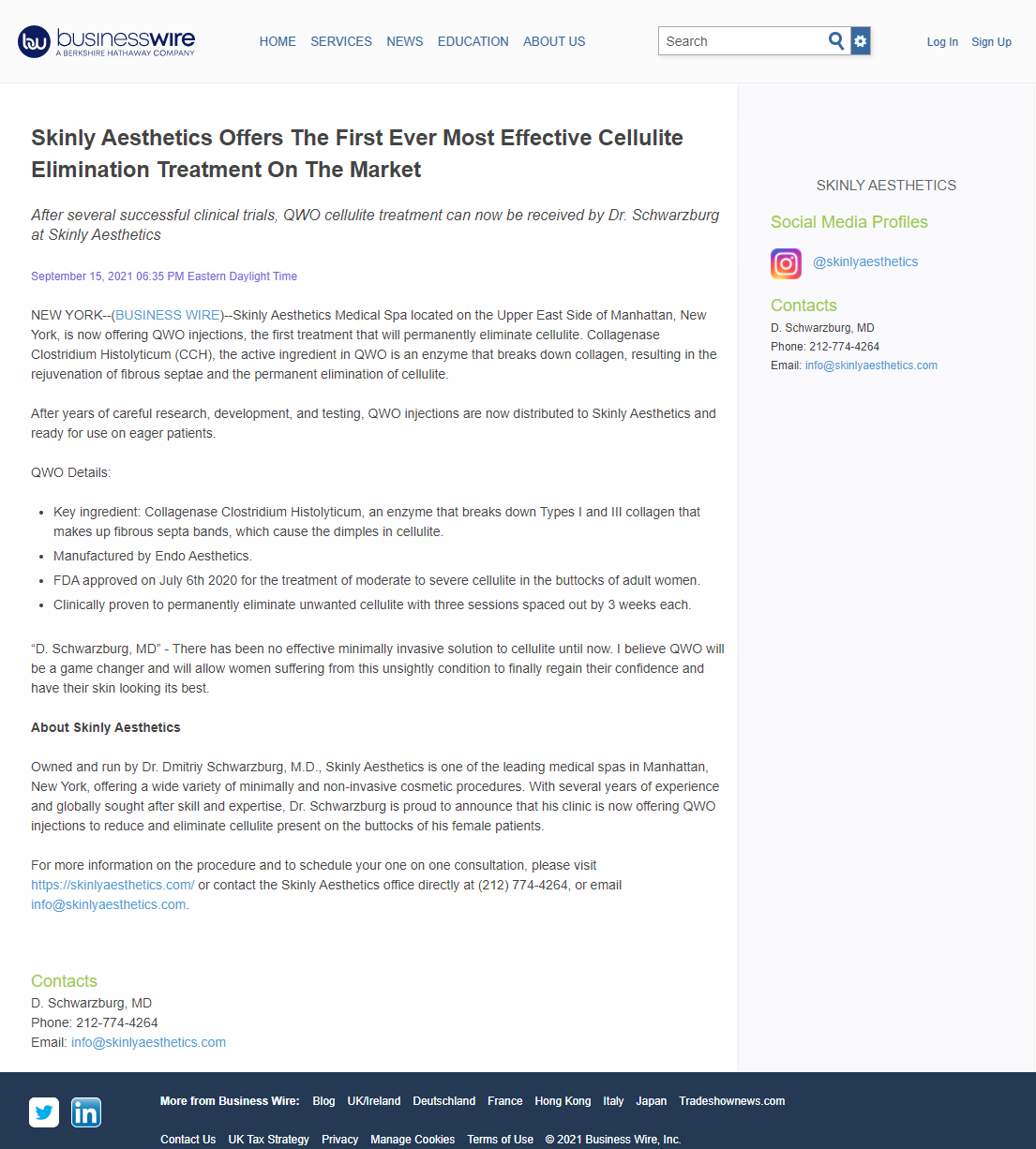 Business wire article about Skinly Aesthetics